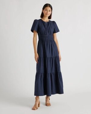 Quince 100% Organic Cotton Poplin Tiered Maxi Dress Ocean Green Size L Puff Slee
